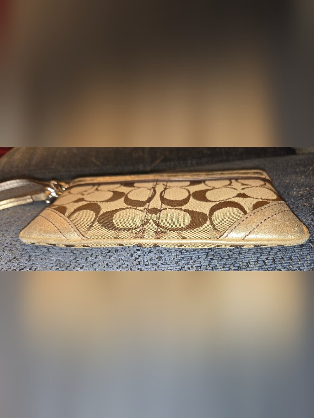 Coach Brown/Tan Signature Wristlet with Metallic Trim - Picture 5 of 7